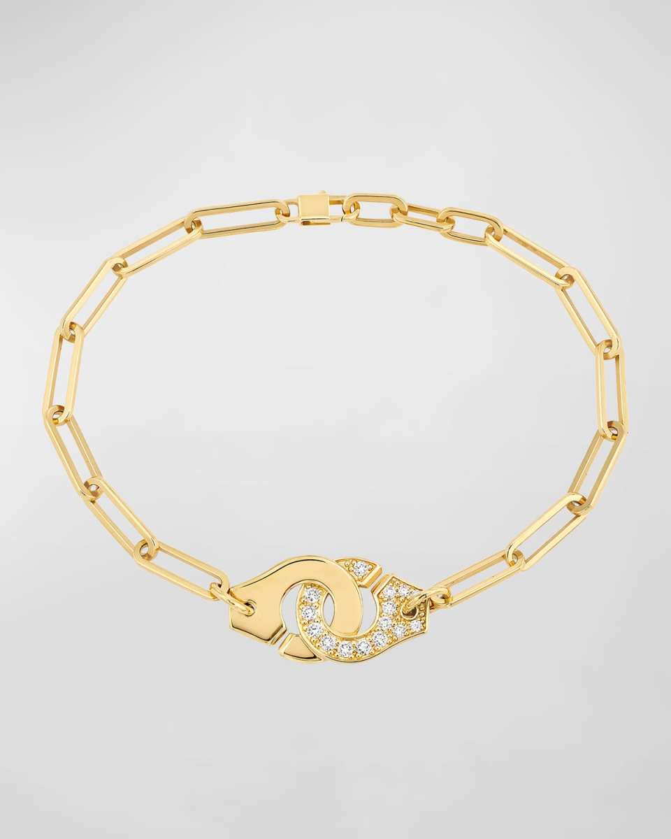 Yellow Gold Menottes R12 Large Bracelet with One Side of Diamonds